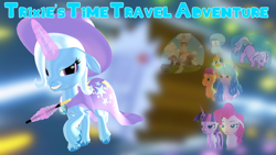 Size: 1280x720 | Tagged: safe, artist:puzzlshield2, imported from derpibooru, izzy moonbow, pinkie pie, sunny starscout, trixie, twilight, twilight sparkle, pony, unicorn, fanfic:trixie's time travel adventure, cape, clarinet, clothes, crossover, crystal brighthouse, fanfic, fanfic art, fimfiction, g1, g5, generation leap, hat, magic, magic aura, musical instrument, my little pony: a new generation, my little pony: make your mark, nickelodeon, sb-129, spongebob squarepants, squidward tentacles, time travel, trixie's cape, trixie's hat, unicorn twilight, wand