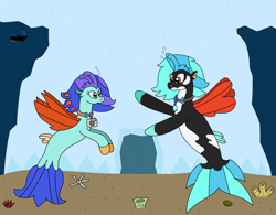 Size: 2895x2263 | Tagged: safe, artist:supahdonarudo, imported from derpibooru, oc, oc only, oc:icebeak, oc:sea lilly, seapony (g4), atg 2024, bubble, camera, entrance, ice, jewelry, necklace, newbie artist training grounds, ocean, silhouette, water