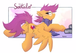 Size: 2048x1471 | Tagged: safe, artist:kejifox, imported from derpibooru, scootaloo, pegasus, pony, book, butt, chest fluff, clothes, cutie mark, dock, dock piercing, ear piercing, female, fluffy, glasses, looking back, lying down, mare, nerd, older, older scootaloo, piercing, plot, scarf, scootabutt, scootanerd, solo, solo female, spread wings, tail, tail piercing, the cmc's cutie marks, wings