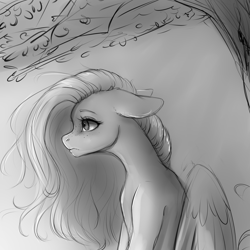 Size: 4000x4000 | Tagged: safe, artist:miokomata, imported from derpibooru, fluttershy, pegasus, pony, female, floppy ears, flowing mane, freckles, freckleshy, frown, grayscale, mare, monochrome, solo, tree, vulgar