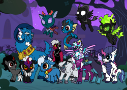 Size: 1414x1000 | Tagged: safe, artist:melspyrose, artist:zetikoopa, imported from derpibooru, ahuizotl, grogar, king sombra, lord tirek, opaline arcana, pharynx, pony of shadows, shining armor, storm king, oc, oc:bass thunder, oc:dark havok, oc:phantom infinite, ahuizotl (species), centaur, changedling, changeling, dragon, goat, hybrid, kirin, longma, nymph, shadow pony, sheep, siren, storm creature, taur, umbrum, my little pony: the movie, alexandrite arcane, amalgamation, child, colt, female to male, foal, g5, kids, kirin oc, male, male siren, monster shining armor, prince pharynx, ram, rule 63, species swap, young