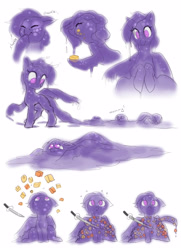 Size: 2980x4117 | Tagged: safe, artist:blazingstred, imported from derpibooru, oc, oc:jellene, goo, goo pony, original species, blocks, bubble, confused, eating, happy, laughing, looking at you, looking down, looking up, munching, ooze, purple mane, sad, sketch, sketch dump, slime, sword, trail, weapon