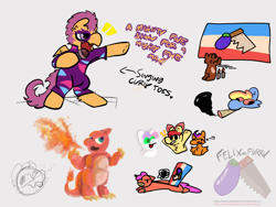 Size: 2160x1620 | Tagged: safe, artist:felixmcfurry, imported from derpibooru, apple bloom, rainbow dash, scootaloo, sweetie belle, oc, oc:dukedepthstar, charmeleon, earth pony, pegasus, unicorn, the show stoppers, ..., :p, calm before the storm perchance drama lover flag, candle, cbts pdl flag, colored, curly toes (song), cutie mark crusaders, drug use, drugs, earth pony oc, exclamation point, fire, fire breath, flag, flag over shoulder, flat colors, horn, lostwave, marijuana, pokémon, praying, singing, sketch, sketch dump, tongue out, unidentified oc, unreadable text, watermark, weird description