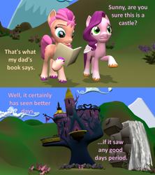 Size: 1920x2160 | Tagged: safe, artist:red4567, imported from derpibooru, pipp petals, sunny starscout, earth pony, pegasus, pony, 3d, atg 2024, book, castle, coat markings, colored hooves, dilapidated, duo, duo female, female, g5, g5 to g4, generation leap, hill, hooves, horn, mare, newbie artist training grounds, socks (coat markings), source filmmaker, twilight's castle, unshorn fetlocks