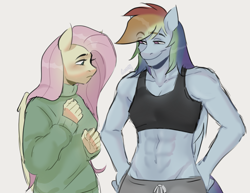 Size: 2504x1932 | Tagged: safe, artist:leonsken2, imported from derpibooru, fluttershy, rainbow dash, anthro, pegasus, abs, breasts, cleavage, clothes, duo, duo female, eyebrows, eyebrows visible through hair, female, flutterdash, height difference, lesbian, mare, midriff, muscles, narrowed eyes, rainbuff dash, shipping, simple background, smiling, smirk, sports bra, sweater, sweatershy, white background