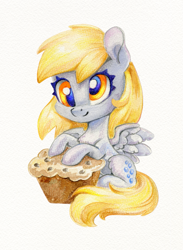 Size: 879x1200 | Tagged: safe, artist:maytee, imported from derpibooru, derpy hooves, pegasus, pony, chibi, food, muffin, simple background, sitting, solo, traditional art