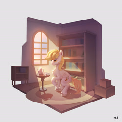 Size: 1450x1450 | Tagged: safe, artist:little_mouse, imported from derpibooru, oc, oc only, pegasus, pony, bookshelf, crepuscular rays, cup, indoors, not derpy, sunlight, table, teacup, teapot, window