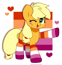 Size: 1962x2048 | Tagged: safe, artist:kittyrosie, imported from derpibooru, part of a set, applejack, earth pony, pony, blush lines, blushing, clothes, cute, female, floating heart, hair tie, heart, heart eyes, heart mark, jackabetes, lesbian pride flag, looking at you, mare, missing accessory, missing cutie mark, one eye closed, open mouth, open smile, passepartout, pointing, ponytail, pride, pride flag, pride month, pride socks, shadow, signature, simple background, smiling, smiling at you, socks, solo, sparkles, sparkly hair, standing, striped socks, tied hair, white background, wingding eyes, wink, winking at you