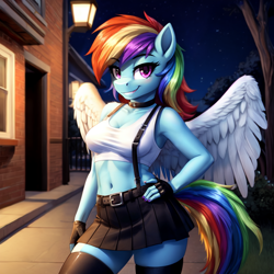 Size: 640x640 | Tagged: safe, imported from derpibooru, rainbow dash, anthro, pegasus, ai content, ai generated, belly button, belt, bra, breasts, busty rainbow dash, choker, clothes, cosplay, costume, crop top bra, female, final fantasy, final fantasy vii, fingerless gloves, gloves, hand on hip, midriff, nightmare night costume, prompter:dordrago, skirt, socks, solo, stupid sexy rainbow dash, suspenders, thigh highs, tifa lockhart, underwear, wings, zettai ryouiki