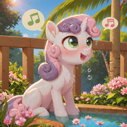 Size: 2048x2048 | Tagged: safe, artist:venisoncreampie, imported from derpibooru, sweetie belle, pony, unicorn, ai assisted, ai content, bath, blushing, bubble, cute, diasweetes, female, filly, foal, generator:pony diffusion v6 xl, generator:stable diffusion, horn, open mouth, open smile, singing, smiling, solo, water, wet, wet mane, wholesome