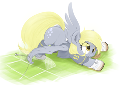 Size: 3000x2000 | Tagged: safe, artist:ponerino, imported from twibooru, derpy hooves, pegasus, pony, 4chan cup, colored, cute, derpabetes, digital art, drawthread, face down ass up, football, giant pony, high res, image, macro, png, safest hooves, soccer field, soccer shoes, sports