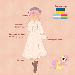 Size: 2048x2048 | Tagged: safe, artist:cryweas, imported from derpibooru, fluttershy, human, pegasus, pony, alternate hairstyle, blushing, boots, clothes, cute, cyrillic, dress, female, freckles, hat, humanized, implied discord, implied discoshy, implied rarity, implied shipping, implied straight, jewelry, mare, necklace, pansexual, pansexual pride flag, pink background, pride, pride flag, reference sheet, shoes, shyabetes, simple background, solo, sun hat, trans female, trans fluttershy, transgender, transgender pride flag, ukraine, ukrainian