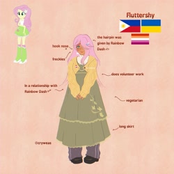 Size: 2048x2048 | Tagged: safe, artist:cryweas, imported from derpibooru, fluttershy, human, pegasus, pony, alternate hairstyle, boots, clothes, cute, cyrillic, dark skin, dress, female, filipino, flag of the philippines, hair over one eye, hairclip, headcanon, humanized, implied flutterdash, implied lesbian, implied rainbow dash, implied shipping, leg warmers, lesbian pride flag, mare, philippines, pink background, pride, pride flag, reference sheet, shoes, shyabetes, simple background, skirt, solo, sweater, sweatershy, ukraine, ukrainian