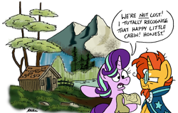 Size: 2108x1344 | Tagged: safe, artist:bobthedalek, imported from derpibooru, starlight glimmer, sunburst, pony, unicorn, atg 2024, bob ross, cabin, horn, lost, map, mountain, newbie artist training grounds, sunburst is not amused, unamused