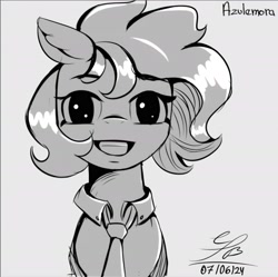 Size: 2740x2732 | Tagged: safe, artist:ch0c0sauri0, imported from derpibooru, oc, oc only, earth pony, pegasus, album cover, black and white, bow, bust, clothes, doodle, eyelashes, eyeshadow, grayscale, hair bow, lineart, looking at you, makeup, minimalist, modern art, monochrome, original art, original character do not steal, pegasus oc, portrait, simple background, sketch, smiling, solo, song reference, suit, wings, wip