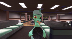 Size: 1080x585 | Tagged: safe, artist:ports2005, imported from derpibooru, lyra heartstrings, pony, unicorn, 3d, bowling, bowling alley, bowling ball, bowling pin, female, gmod, happy, horn, looking at you, mare, solo