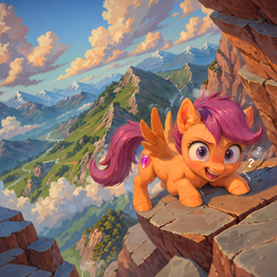 Size: 2048x2048 | Tagged: safe, artist:venisoncreampie, imported from derpibooru, scootaloo, pegasus, pony, ai assisted, ai content, blushing, climbing, cloud, female, filly, foal, generator:pony diffusion v6 xl, generator:stable diffusion, mountain, mountain range, open mouth, question mark, rock climbing, sky, solo, spread wings, sweat, wings