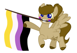 Size: 1395x957 | Tagged: safe, artist:katnekobase, artist:yeetmedownthestairs, imported from derpibooru, oc, oc only, oc:doodles, pegasus, pony, base used, bisexual pride flag, commission, cute, face paint, grin, mouth hold, nonbinary, nonbinary pride flag, pride, pride flag, pride month, simple background, smiling, solo, transparent background, unshorn fetlocks, ych result