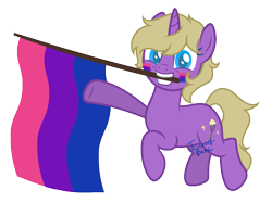 Size: 1289x962 | Tagged: safe, artist:katnekobase, artist:yeetmedownthestairs, imported from derpibooru, oc, oc only, oc:hay meadow, pony, unicorn, base used, bisexual pride flag, commission, cute, face paint, female, grin, horn, mare, mouth hold, pride, pride flag, pride month, simple background, smiling, solo, transparent background, ych result