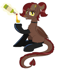 Size: 1044x1280 | Tagged: safe, artist:lullapiies, imported from derpibooru, oc, oc:whiskey dreams, bat pony, bottle, clothes, horns, latex, latex socks, magic, simple background, socks, solo, white background