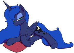 Size: 874x627 | Tagged: safe, artist:maretian, imported from derpibooru, princess luna, alicorn, pony, bags under eyes, female, lidded eyes, looking at you, lying down, mare, pillow, prone, simple background, solo, tired, transparent background