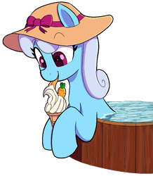 Size: 595x682 | Tagged: safe, artist:maretian, imported from derpibooru, linky, shoeshine, earth pony, pony, carrot, cute, female, food, hat, ice cream, ice cream cone, licking, mare, partially submerged, simple background, smiling, solo, sun hat, swimming, swimming pool, tongue out, transparent background, water