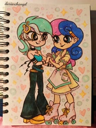 Size: 3000x4000 | Tagged: safe, artist:dariarchangel, imported from derpibooru, bon bon, lyra heartstrings, sweetie drops, human, adorabon, bracelet, choker, clothes, couple, cute, dress, duo, duo female, female, hairclip, holding hands, human coloration, humanized, jewelry, lesbian, looking at each other, looking at someone, love, lyrabetes, lyrabon, pants, pencil, photo, platform shoes, roller skates, shipping, skates, sketchbook, smiling, smiling at each other, traditional art, waitress