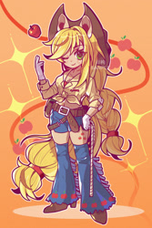 Size: 1200x1800 | Tagged: safe, artist:tamari, imported from derpibooru, applejack, human, cutie mark background, female, gradient background, humanized, solo