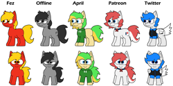 Size: 1746x868 | Tagged: safe, artist:elianrandomworks, imported from derpibooru, oc, oc only, oc:april, oc:fez, oc:offline, oc:patreon, oc:twitter, oc:unknow, oc:unknown, earth pony, pegasus, pony, pony town, simple background, solo, white background