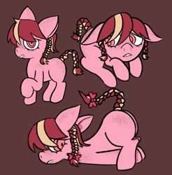 Size: 978x995 | Tagged: safe, artist:psychorut, imported from derpibooru, oc, oc only, oc:strawberry twist, earth pony, pony, braces, braid, braided tail, face down ass up, female, filly, floppy ears, foal, raised hoof, solo, tail