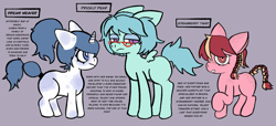 Size: 1298x592 | Tagged: safe, artist:psychorut, imported from derpibooru, oc, oc only, oc:dream weaver, oc:prickly pear, oc:strawberry twist, earth pony, pegasus, pony, unicorn, alternate cutie mark crusaders, braces, braid, braided tail, earth pony oc, female, filly, foal, glasses, gray background, horn, lidded eyes, mare, pegasus oc, raised hoof, simple background, spread wings, suggestive description, tail, trio, unicorn oc, wings