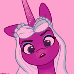 Size: 2480x2480 | Tagged: safe, artist:starburstuwu, imported from derpibooru, opaline arcana, alicorn, pony, confused, cute, female, g5, looking at you, mare, one ear down, opalinebetes, open mouth, pink background, simple background, solo