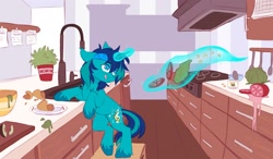 Size: 2048x1198 | Tagged: safe, artist:cheekipone, imported from derpibooru, oc, oc only, oc:rocky blues, unicorn, bandana, colt, commissioner:legionofblues, foal, food, horn, kitchen, lettuce, magic, magic aura, male, sink, solo, taco, taco tuesday, tomato