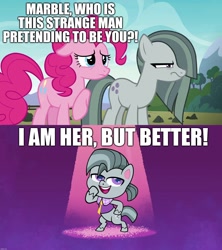 Size: 1920x2160 | Tagged: safe, edit, edited screencap, imported from derpibooru, screencap, marble pie, octavio pie, pinkie pie, earth pony, pony, my little pony: pony life, pie vs. pie, the maud couple, angry, caption, confused, female, image macro, male, marble pie is not amused, mare, smiling, stallion, text, trio, unamused