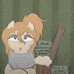 Size: 1020x1020 | Tagged: safe, artist:castafae, imported from derpibooru, oc, oc only, oc:butterscotch, earth pony, pony, armor, axe, dialogue, facial scar, female, lidded eyes, mare, messy mane, mug, ponytail, scar, solo, torn ear, weapon