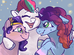 Size: 2732x2048 | Tagged: safe, artist:flurryheart04, imported from derpibooru, pipp petals, zipp storm, pegasus, pony, unicorn, spoiler:g5, spoiler:my little pony: tell your tale, spoiler:tyts02e14, eyes closed, female, floppy ears, g5, grin, group hug, high res, horn, hug, mare, misty brightdawn, my little pony: tell your tale, open mouth, open smile, rebirth misty, smiling, swing and a misty, trio