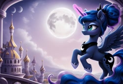 Size: 1216x832 | Tagged: safe, imported from derpibooru, princess luna, alicorn, ai content, ai generated, building, bun hairstyle, castle, flying, generator:stable diffusion, moon, outdoors, prompter:kluknawa235, sky, smiling, solo