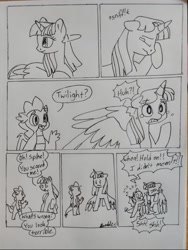 Size: 1080x1437 | Tagged: safe, artist:doodletheexpoodle, imported from derpibooru, spike, twilight sparkle, alicorn, dragon, pony, comic, dialogue, duo, duo male and female, female, grayscale, male, mare, monochrome, pencil drawing, sniffling, speech bubble, traditional art, twilight sparkle (alicorn), winged spike, wings