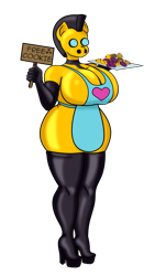 Size: 607x1080 | Tagged: safe, artist:creatorworld, oc, oc only, anthro, apron, breasts, clothes, cookie, female, food, gas mask, hazmat suit, latex, latex suit, mask