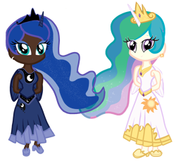 Size: 2176x2032 | Tagged: safe, imported from derpibooru, princess celestia, princess luna, human, clothes, crown, cutie mark accessory, cutie mark earrings, dark skin, ear piercing, earring, eyeshadow, female, high heels, horn, horned humanization, humanized, jewelry, light skin, lipstick, makeup, piercing, regalia, shoes, solo, wings