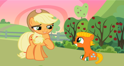 Size: 4008x2128 | Tagged: safe, artist:memeartboi, imported from derpibooru, applejack, oc, earth pony, pony, afternoon, apple, apple tree, applejack's hat, bubble, clothes, colt, cowboy hat, cowgirl, cute, darwin watterson, duo, duo male and female, earth, earth pony oc, element of honesty, female, foal, food, happy, hat, introduction, male, mare, meeting, ponified, smiling, socks, sweet apple acres, the amazing world of gumball, tree, unexpected, yeehaw