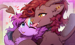 Size: 3000x1800 | Tagged: safe, artist:swaybat, imported from derpibooru, oc, oc only, oc:sweet vibes, oc:whiskey dreams, blushing, candy, cheek fluff, chest fluff, duo, ear fluff, food, lollipop, one eye closed, tongue out