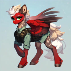 Size: 4096x4096 | Tagged: safe, imported from derpibooru, oc, oc only, pegasus, ai content, ai generated, bulletproof vest, clothes, female, feral, generator:pony diffusion v6 xl, generator:purplesmart.ai, generator:stable diffusion, military, prompter:lost conn, shirt