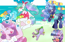 Size: 4142x2721 | Tagged: safe, artist:ruto_me, imported from derpibooru, princess cadance, princess celestia, princess luna, spike, twilight sparkle, alicorn, dragon, pony, beach, cute, cutedance, cutelestia, female, food, lunabetes, male, nintendo switch, ocean, popsicle, royal sisters, siblings, sisters, spikabetes, twiabetes, twilight sparkle (alicorn), water, watergun