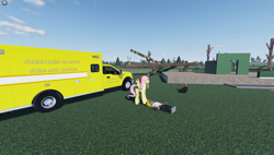 Size: 1858x1057 | Tagged: safe, imported from derpibooru, fluttershy, human, pegasus, pony, ambulance, bow, destruction, female, game screencap, hair bow, house, roblox, solo, twisted (game), vehicle