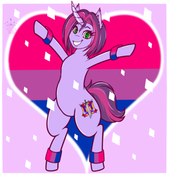 Size: 1200x1250 | Tagged: safe, artist:queenkittyok, imported from derpibooru, oc, oc:twilight garrison, pony, unicorn, bipedal, bisexual pride flag, commission, female, heart, heart background, horn, mare, photo, pride, pride flag, pride month, solo, ych result, your character here