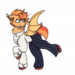 Size: 2048x2048 | Tagged: safe, artist:sunnysurefire, imported from derpibooru, oc, oc:sunny surefire, alicorn, bat pony, bat pony alicorn, unicorn, bat pony oc, bat wings, blaze (coat marking), button-up shirt, clothes, coat markings, facial markings, female, horn, pants, shirt, solo, solo female, unshorn fetlocks, wings