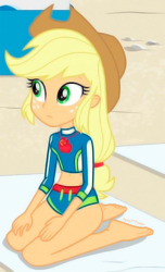 Size: 1150x1886 | Tagged: safe, edit, edited screencap, imported from derpibooru, screencap, applejack, equestria girls, barefoot, beach, beach shorts swimsuit, cute, feet, female, fetish, foot fetish, hat, sexy, soles, solo, towel