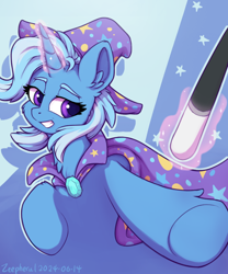 Size: 706x850 | Tagged: safe, artist:zeepheru_pone, imported from derpibooru, trixie, pony, unicorn, atg 2024, cape, clothes, female, hat, horn, magic, mare, newbie artist training grounds, smiling, solo, trixie's cape, trixie's hat