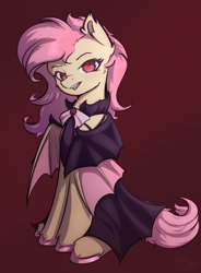 Size: 1250x1700 | Tagged: safe, artist:aterhut, imported from derpibooru, fluttershy, bat pony, pegasus, pony, bat ponified, cape, clothes, collar shirt, female, flutterbat, looking at you, mare, race swap, red background, simple background, sitting, solo, unshorn fetlocks